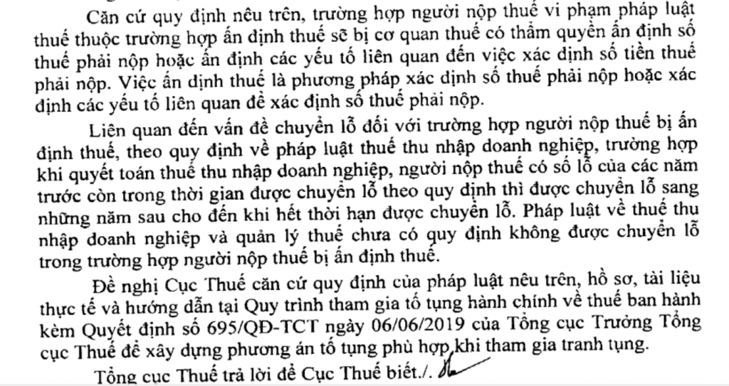 Chuyển lỗ khi ấn định Thuế